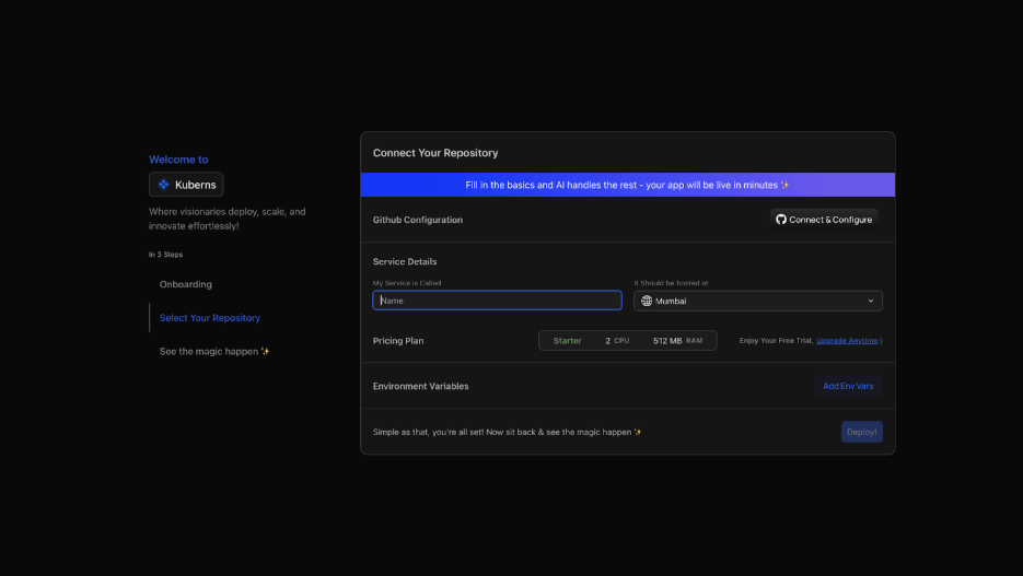 Kuberns registration page